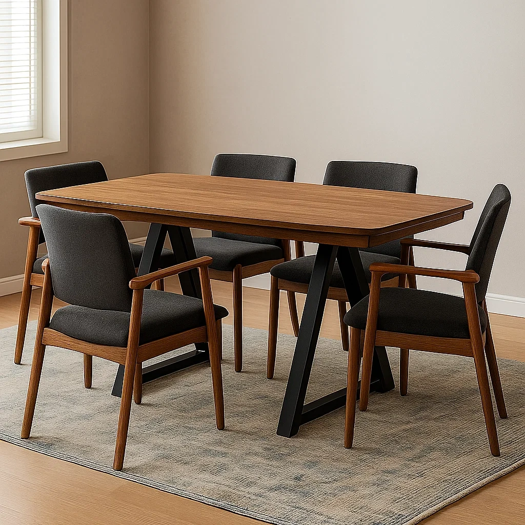 Essgruppe, 5-teilig, Holz und Stoff, braun und schwarz, rechteckig, feststehend, Tisch 160 x 85 x 75 cm, Stuhl 50 x 55 x 80 cm, für den Innenbereich - sJaTG5vphvih