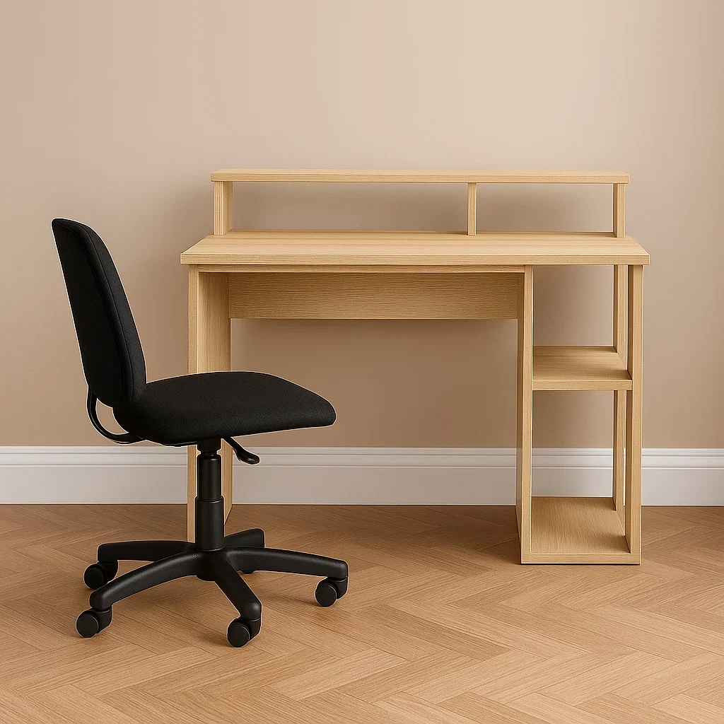 Eichenfarbener Computertisch aus Holz mit Ablagefach und seitlichem Stauraum, 100 x 50 x 75 cm, inklusive schwarzem Bürostuhl - vtSzNlhNFSnv