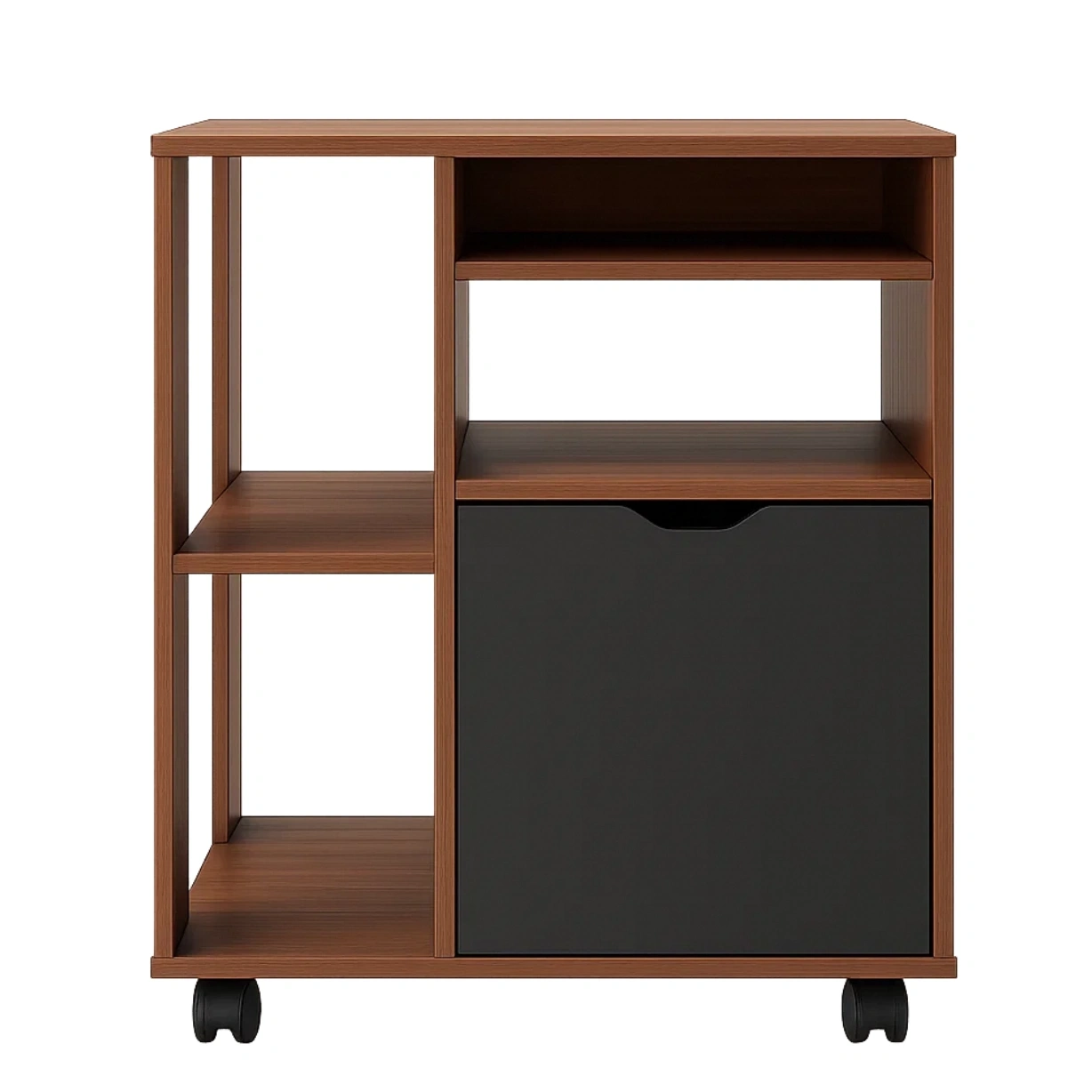 Kücheninsel, offen mit Schrank und Rollen, MDF-Holz, Walnuss und Schwarz, freistehend, 60 x 35 x 75 cm, für den Hausgebrauch - ocLOhsmuDrLr