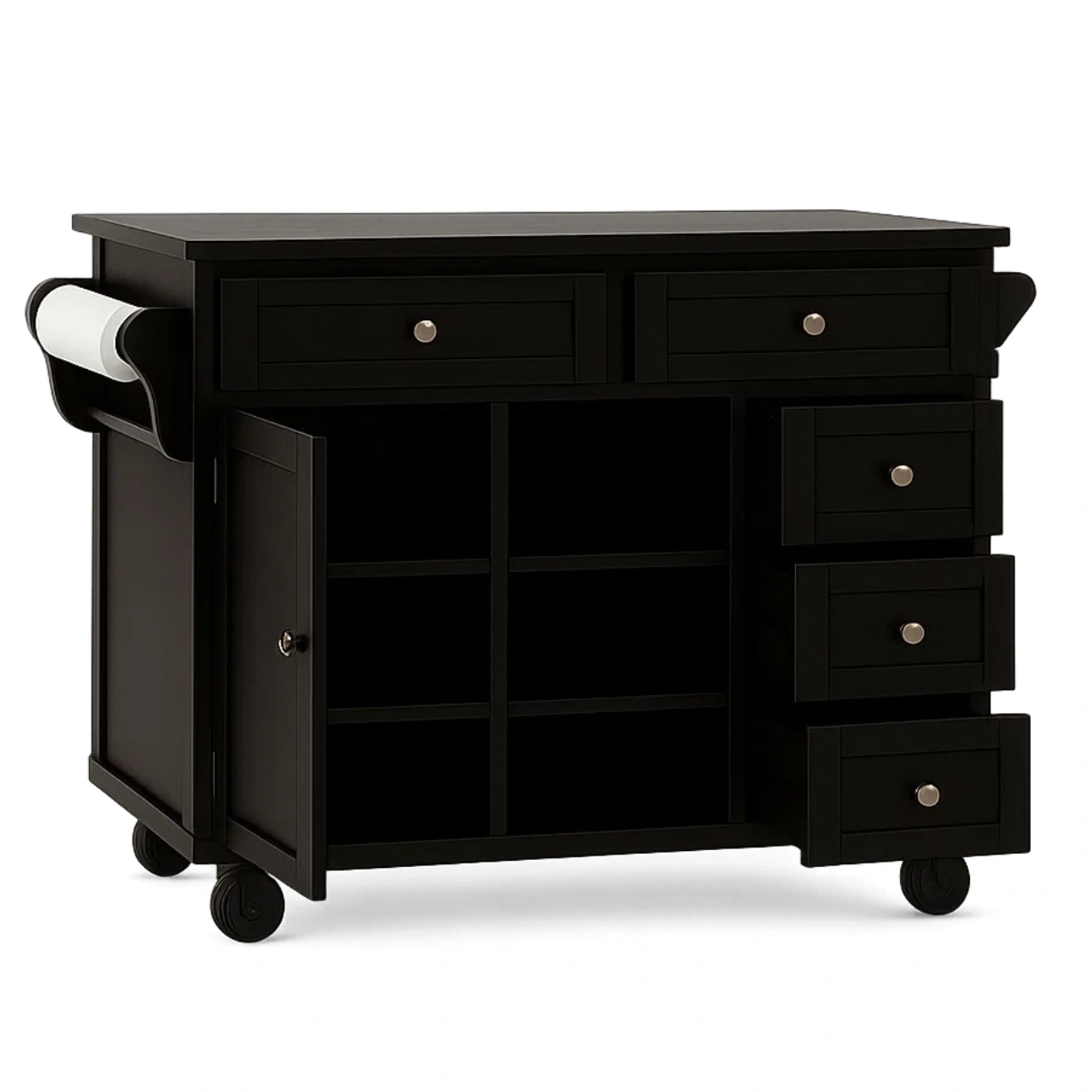 Kücheninsel mit Rollen, aus Holz, schwarz, mit 5 Schubladen, 1 Tür und 3 offenen Fächern, Maße 90 x 45 x 85 cm, für die Küchenaufbewahrung - l5oDBGkRlRKy