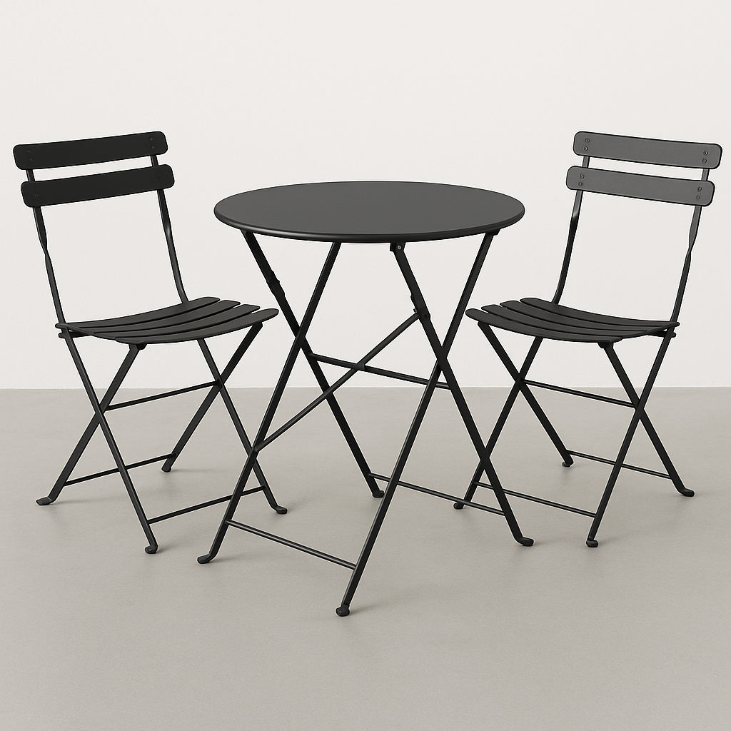 Essgruppe für den Außenbereich, runder Klapptisch mit Stühlen, schwarzer Stahl, Garten