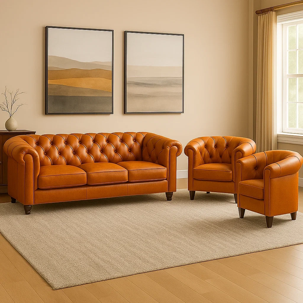 3-Sitzer-Sofa und 2 Sessel, Holzgestell, Schaumstoffkissen, hellbraunes Leder, für das Wohnzimmer, Sofamaße 210 x 70 x 85 cm, Sesselmaße 70 x 70 x 85 cm - b4FcpJC5V6hU