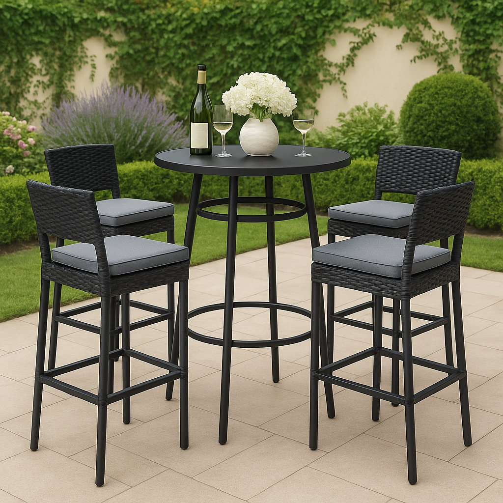 Bar-Set mit Tisch und Hockern, schwarzes Kunstrattan, für den Außenbereich, 75 x 106 cm