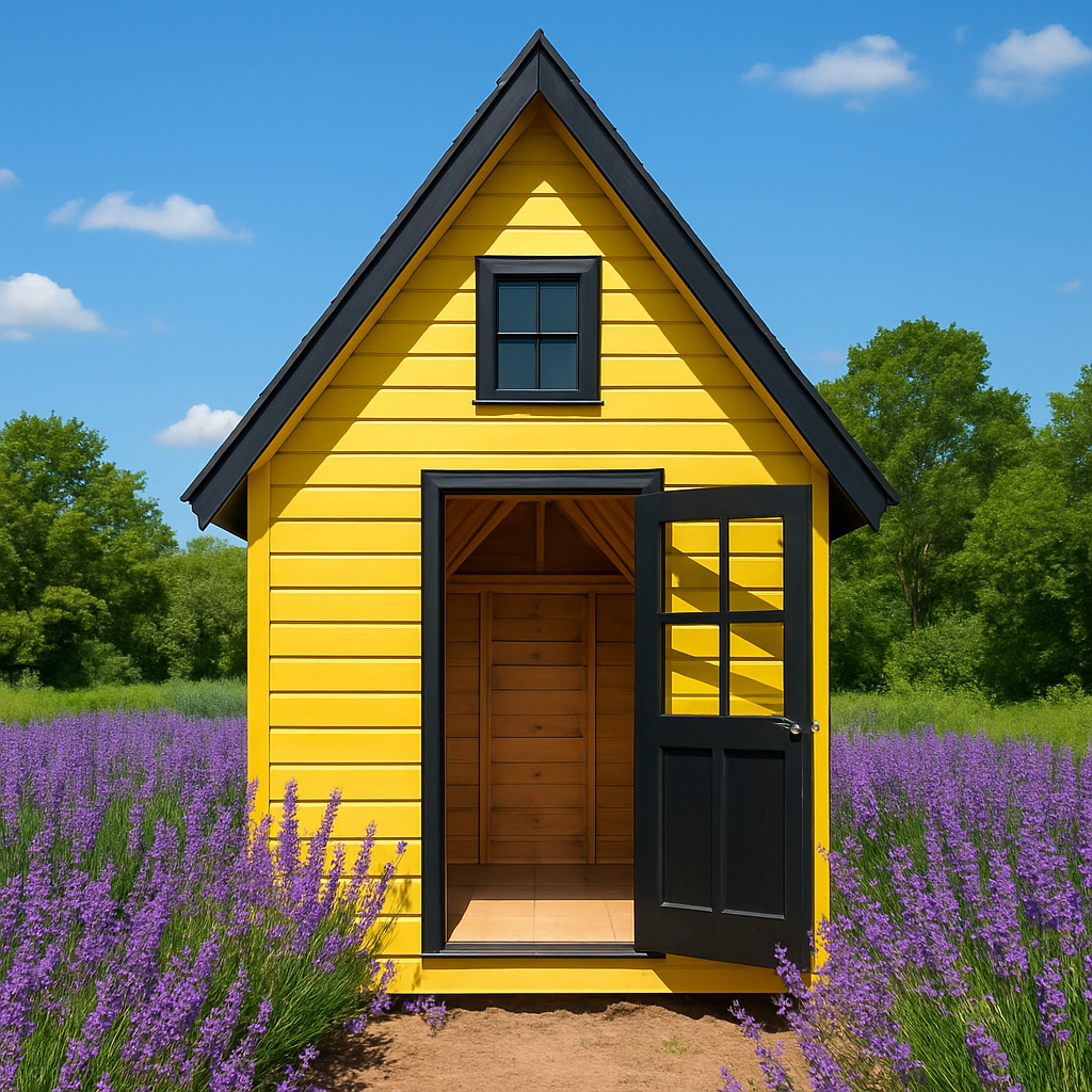 Gelber Gartenschuppen aus Holz mit schwarzer Holztür für den Außenbereich – Maße 200 x 200 x 300 cm