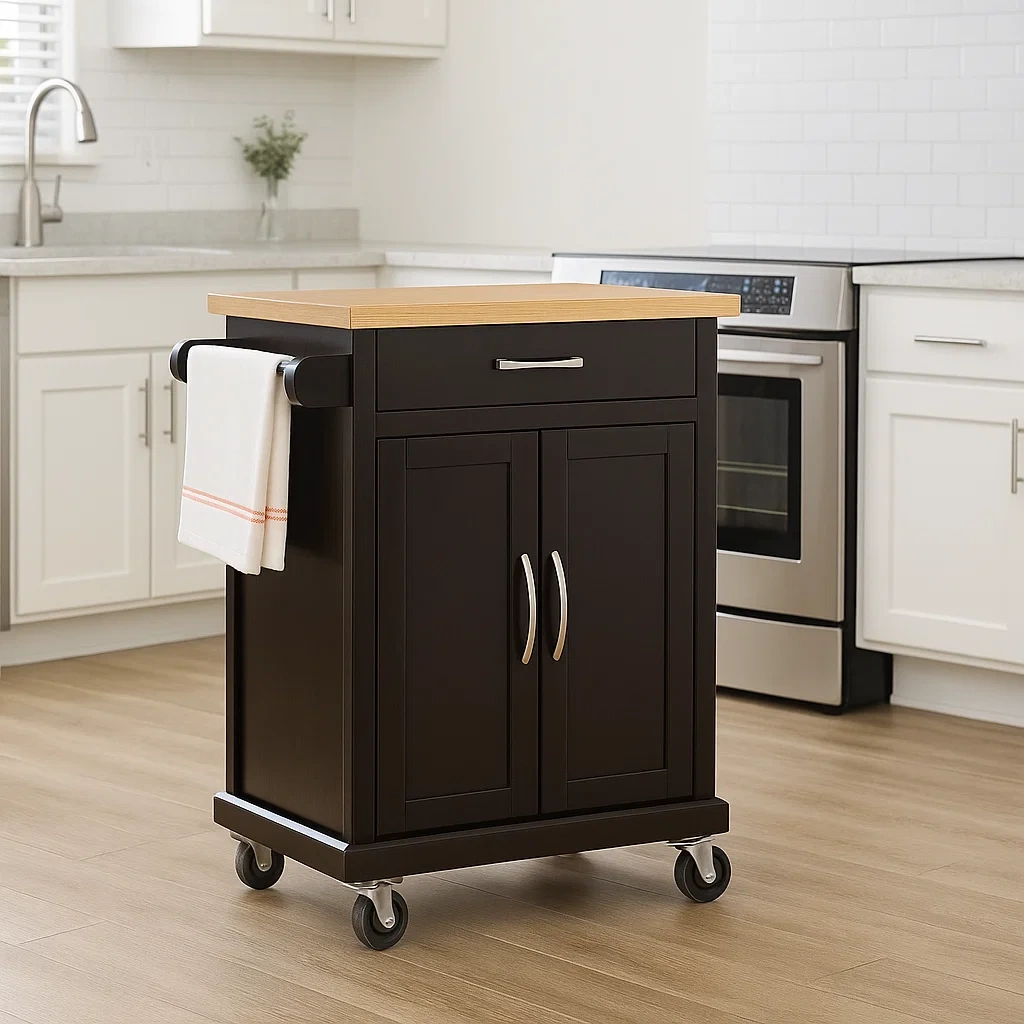 Kücheninsel, rechteckig, MDF, schwarz, mit heller Holzarbeitsplatte, auf Rollen und Schrank mit Schublade, 91 x 45 x 89 cm, für den Hausgebrauch. - blMAuTUwKxoP