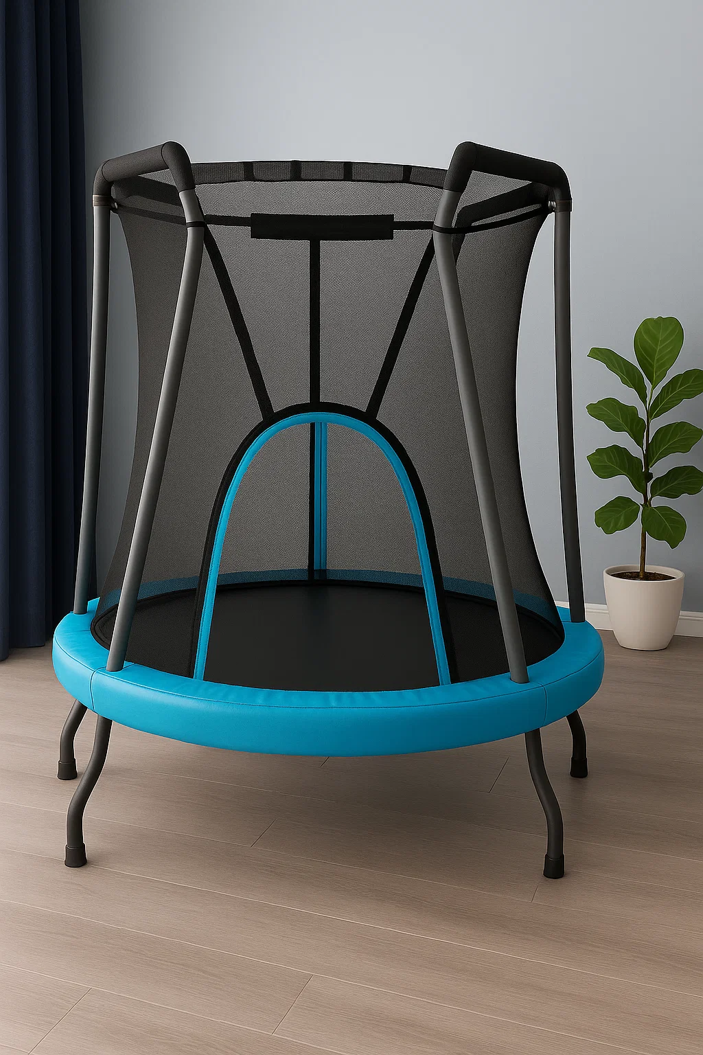 Blaues, rundes Kindertrampolin aus Kunststoff und Stahl für den Innenbereich, 190 x 190 x 210 cm, MAquhto114rX