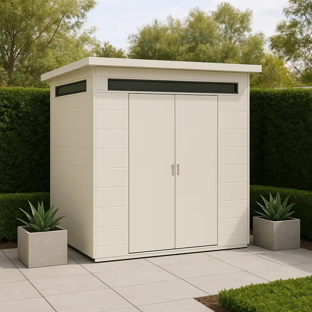 Gartenhaus aus cremefarbenem Kunstharz mit Flügeltüren für den Außenbereich, 210 x 140 x 190 cm VkRnpbu219qY