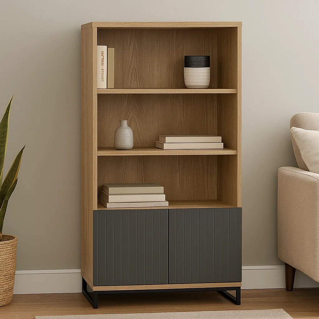 Bücherregal, Holzkonstruktion, 3 Regalböden, graue Holztüren, freistehend, natur-graue Farbe, Maße 80 x 35 x 180 cm - cRdhDRF1FDUn