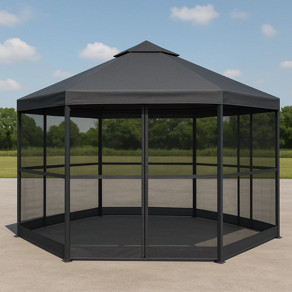 Schwarzer sechseckiger Stahl-Pavillon für den Garten, 3 x 3 x 2,6 m - OVsJAgA337HP