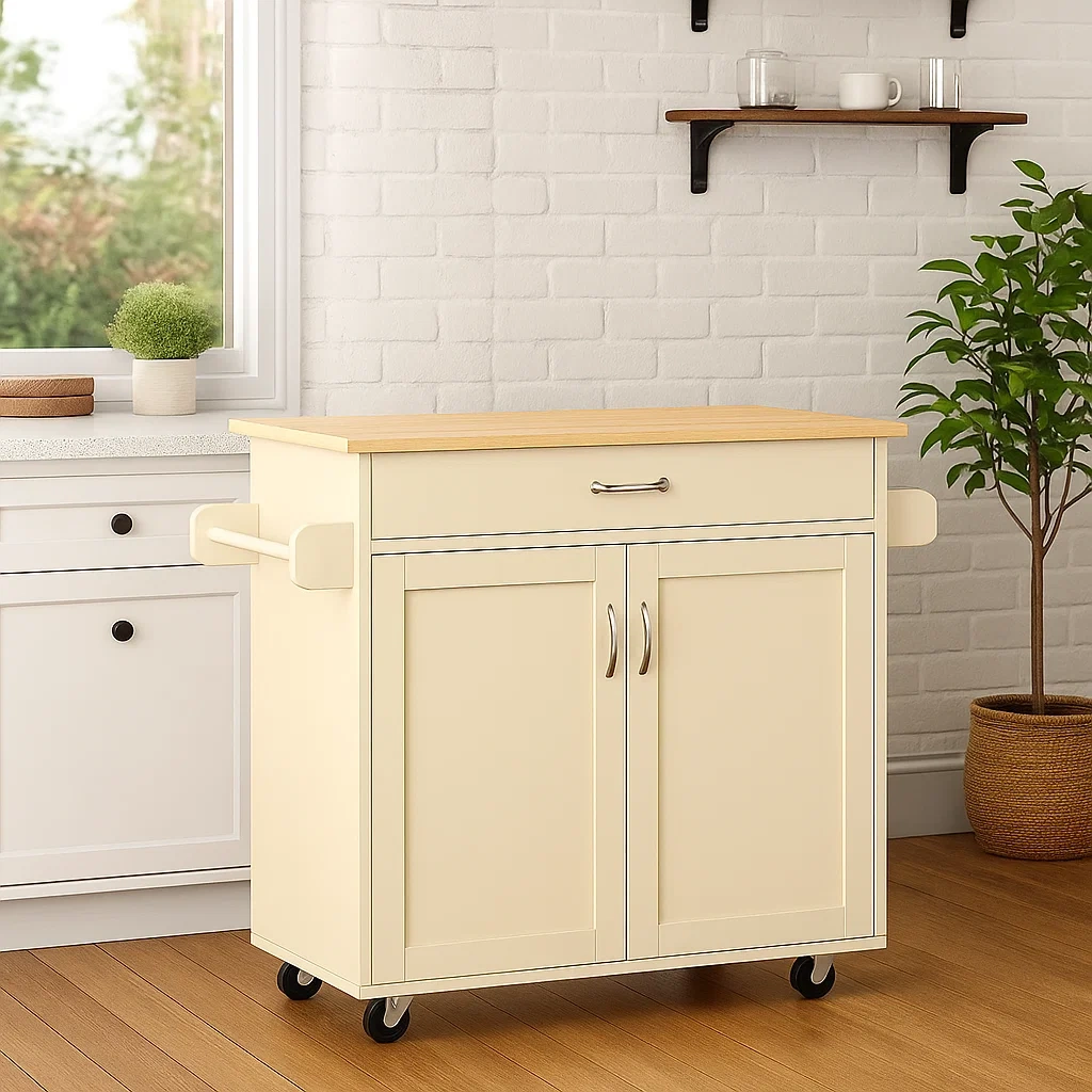 Kücheninsel mit Rollen, aus Holz und MDF, cremefarben, mit einer Schublade und zwei Türen, Maße 80 x 45 x 85 cm, für die Küchenaufbewahrung. - 8wKmCVsAyIYR