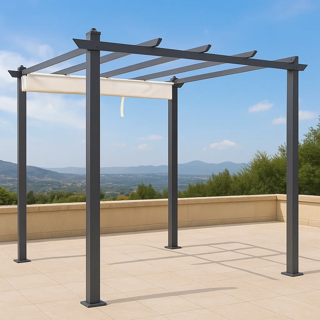 Metallpergola mit einziehbarer Markise, graue Stahlkonstruktion, offenes Dach mit Markise, Außenmontage, 3 x 3 x 2,5 m, für Terrassen und Patios - SOJDcLsE1dbV