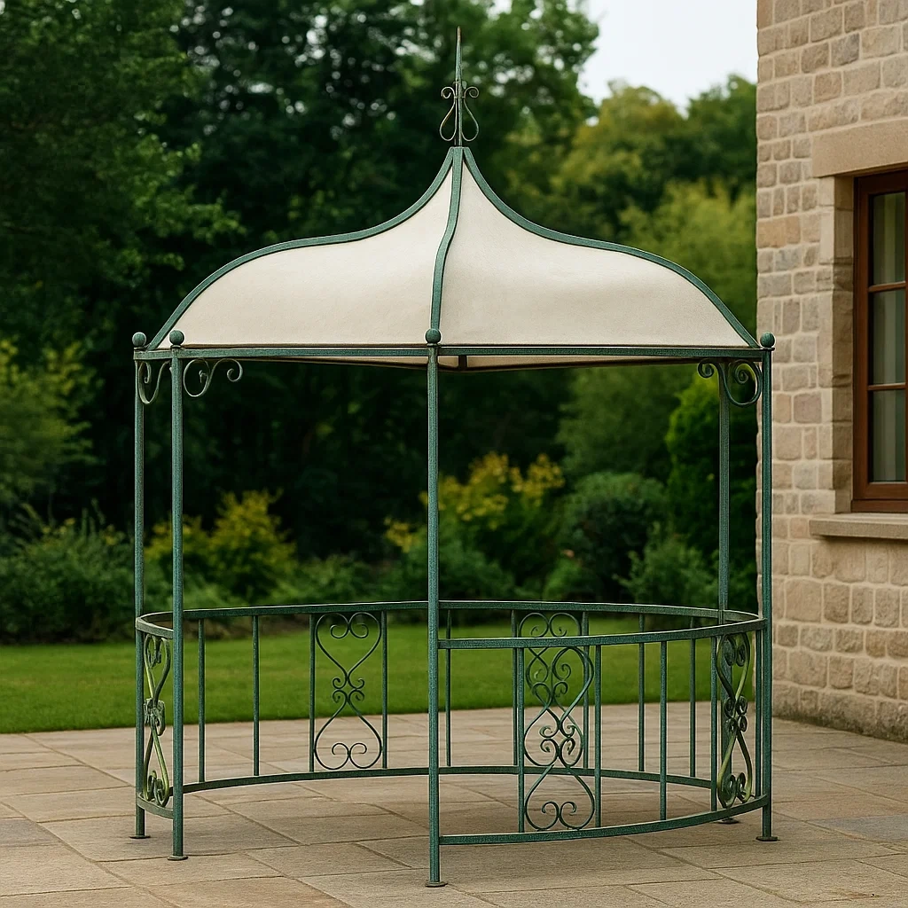 Metallene Gartenpergola mit beigefarbenem Stoffdach, grünem Gestell, 300 x 250 cm Durchmesser - 0hbvVD5HXzI1