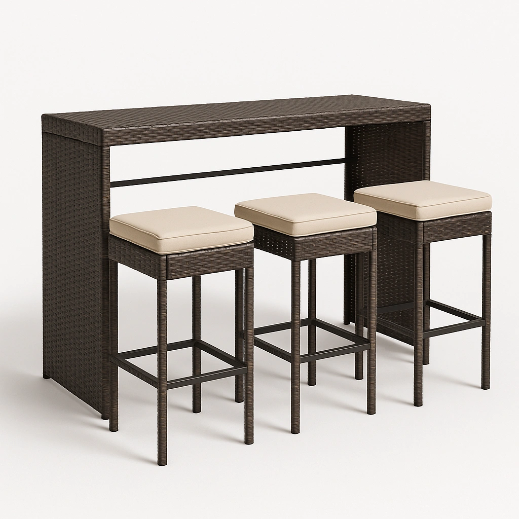 Gartenbar-Set aus gewebtem Kunstharz mit 3 Hockern und Kissen – Braun – Ideal für Garten oder Terrasse