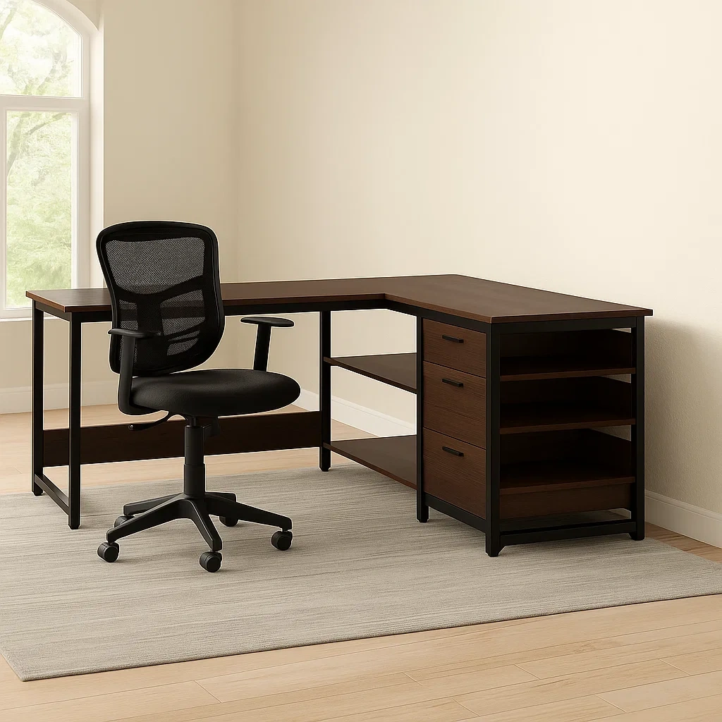 Computertisch, Holz und Metall, schwarz und braun, mit Regalen und Schubladen, 120 x 60 x 75 cm, Büro - xD22UzW0yFKi