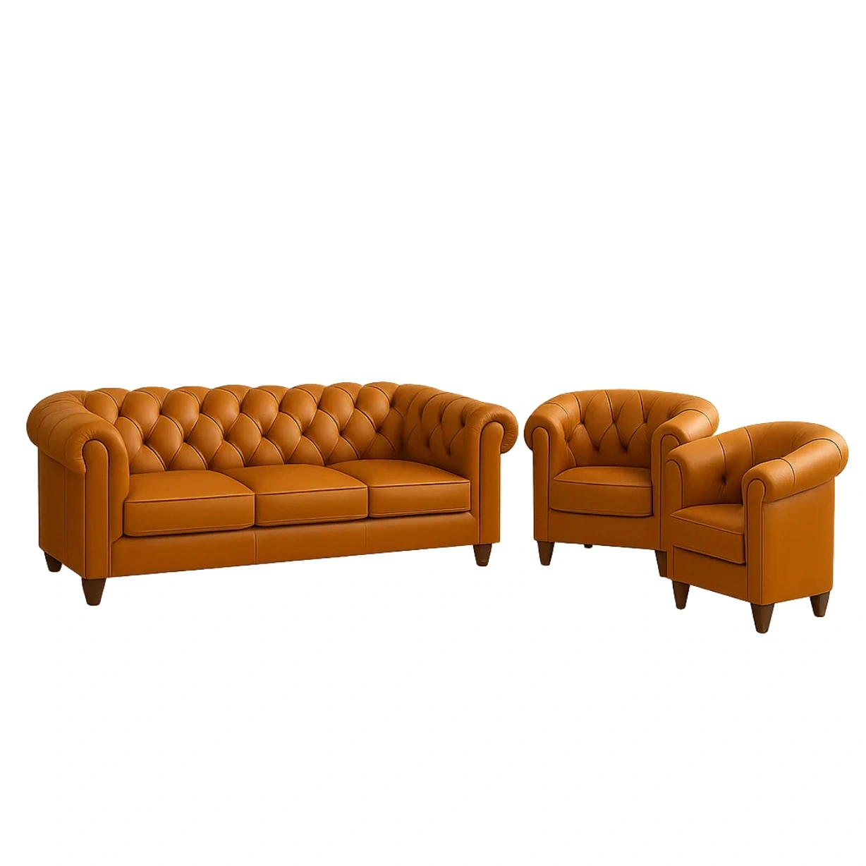 3-Sitzer-Sofa und 2 Sessel, Holzgestell, Schaumstoffkissen, hellbraunes Leder, für das Wohnzimmer, Sofamaße 210 x 70 x 85 cm, Sesselmaße 70 x 70 x 85 cm - b4FcpJC5V6hU