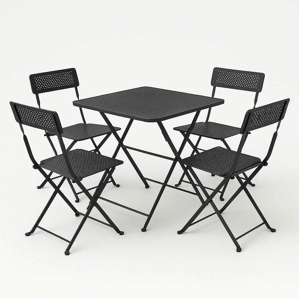 Klapptisch- und Stuhlset, schwarzes Metall, perforiert für den Außenbereich - QDdUyNL539uc