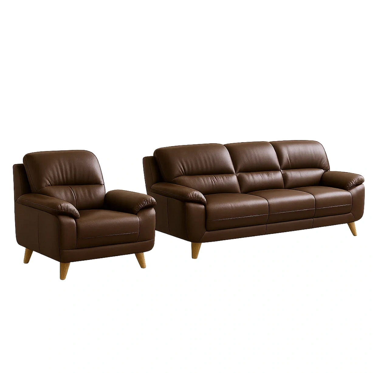 3-Sitzer-Sofa- und Sesselgarnitur, Holzgestell, Schaumstoffkissen, braunes Leder, für das Wohnzimmer, Sofa 210 x 90 x 85 cm, Sessel 90 x 90 x 85 cm - SGIcoKGndRcg