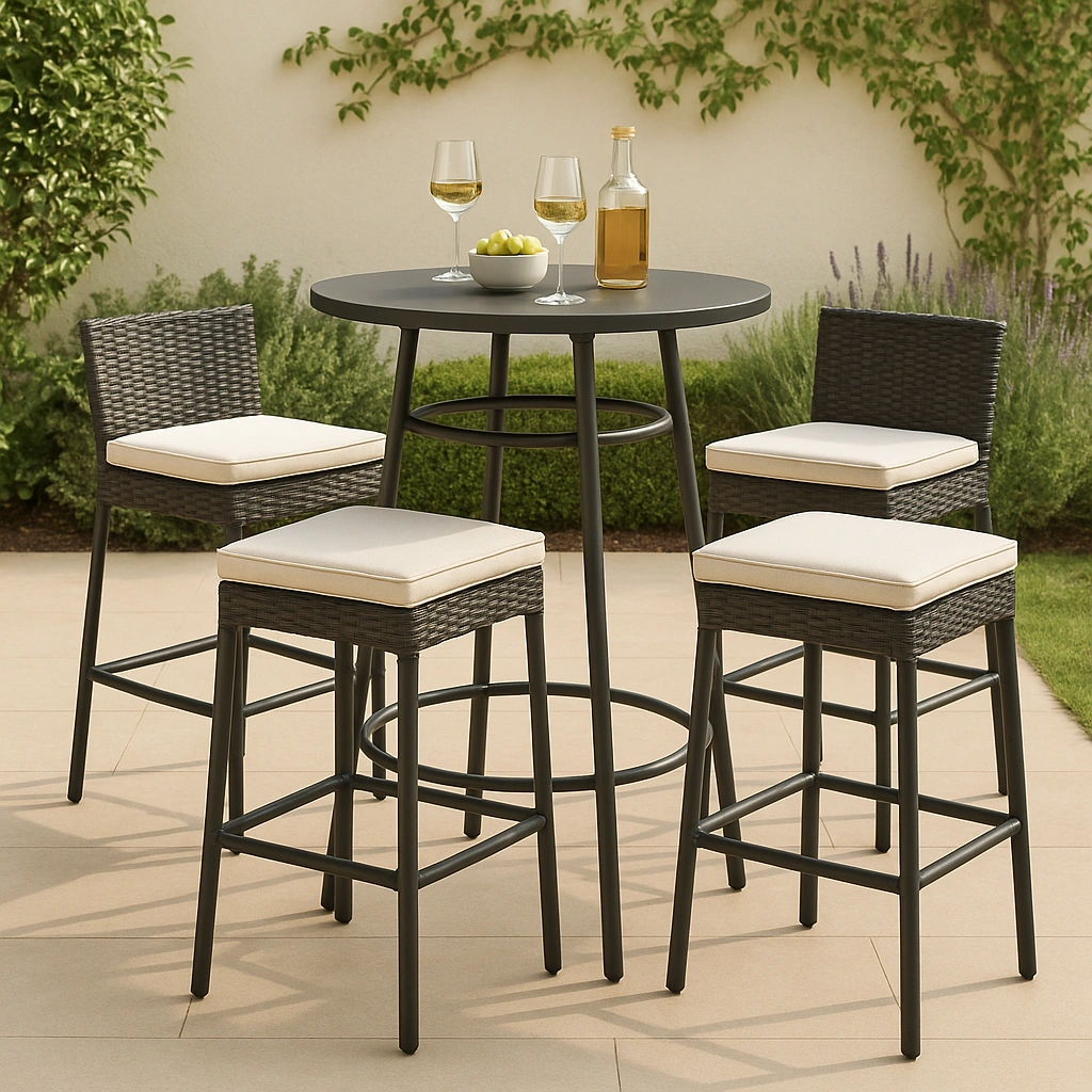 Gartenbar-Set mit Tisch und Hockern, schwarz mit beigen Kissen, synthetisches Rattan, für den Außenbereich