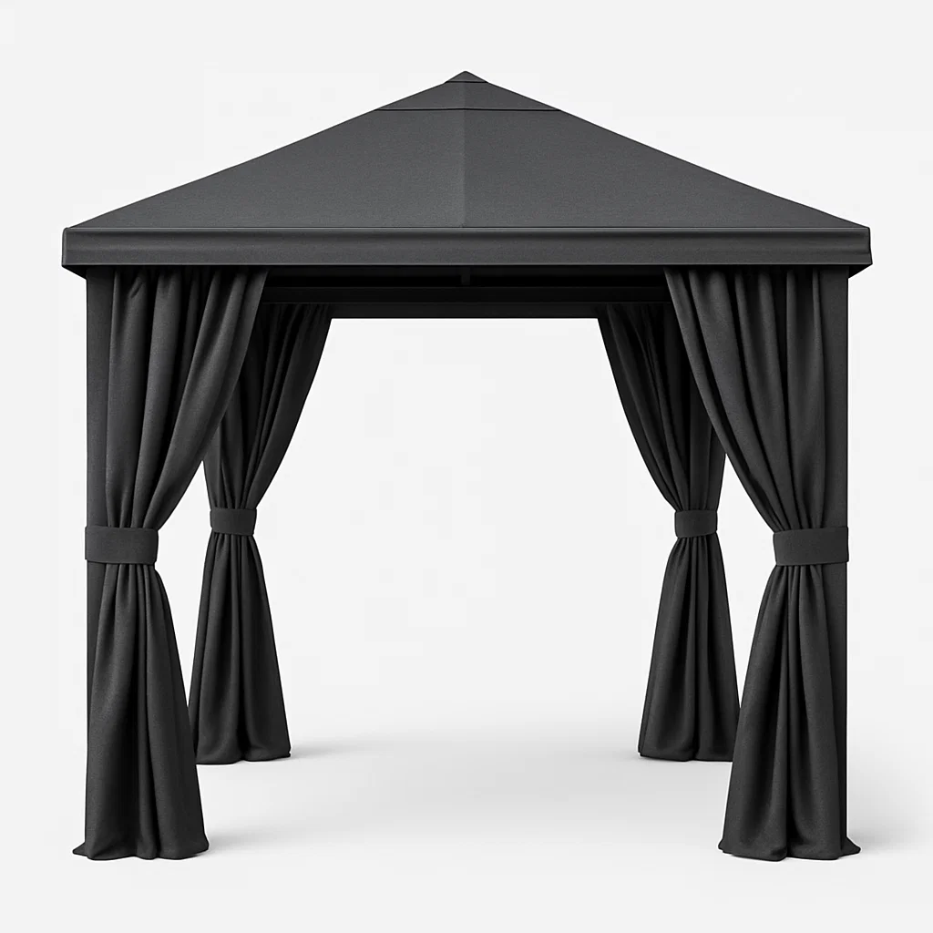 Schwarze Pergola mit Stahlvorhängen für Garten oder Terrasse, 386×386×250 cm uBQEawh277Or