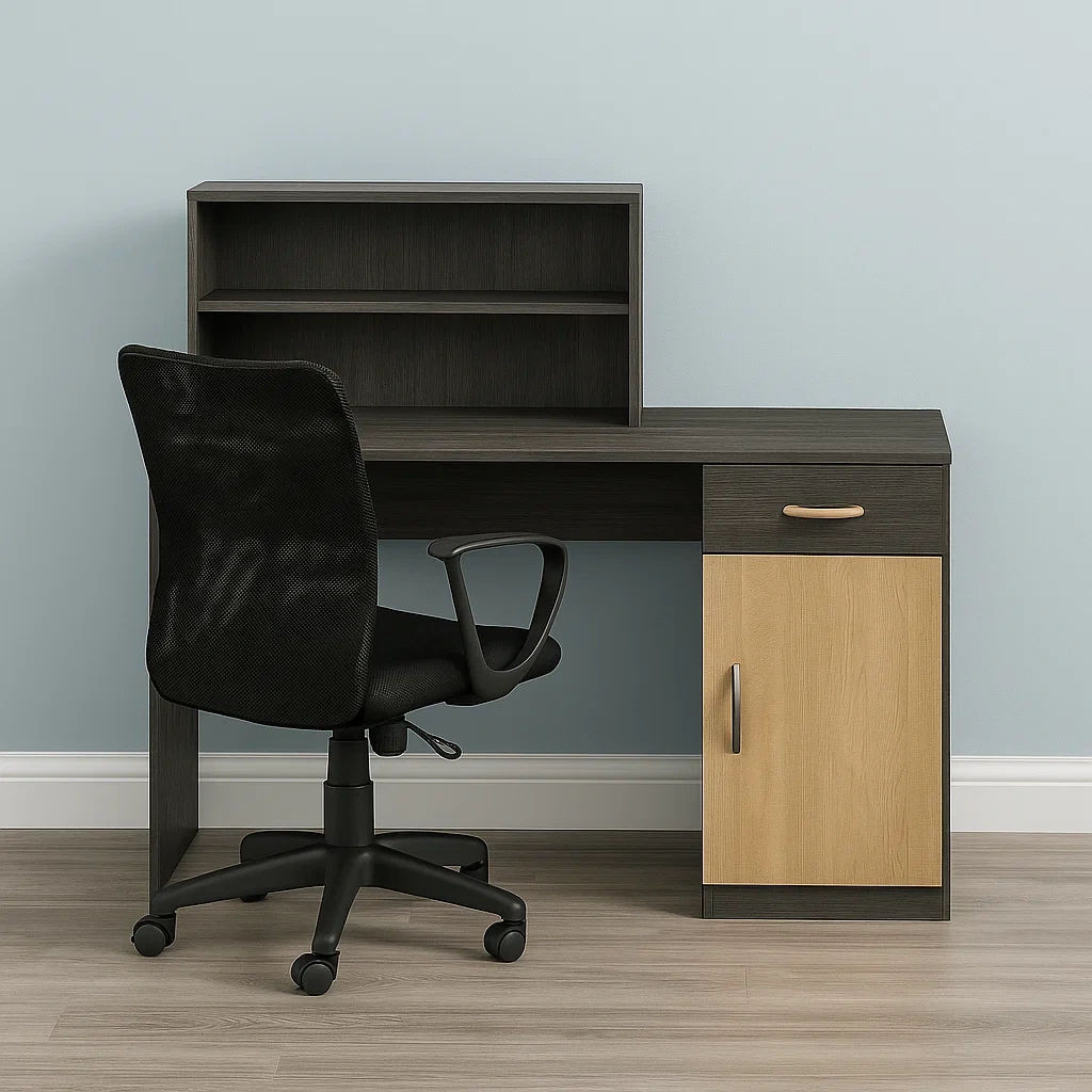 Computertisch aus Holz mit Ablagefach und Schrank, dunkelgrau und hell, 150 x 60 x 75 cm, inklusive schwarzem Bürostuhl - Dlz1VJvkxRIN