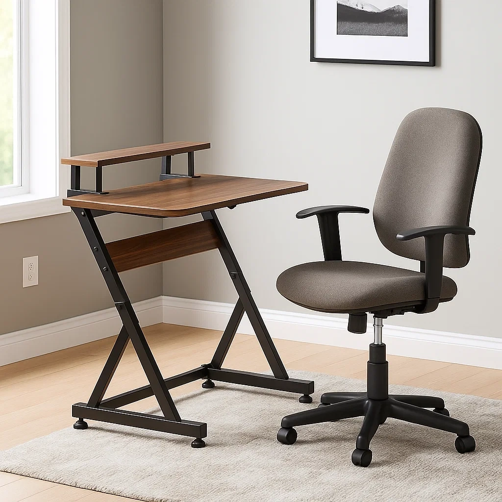 Computertisch, Holz und Metall, braun und schwarz, kompakt mit Ablagefach und Drehstuhl, 110 x 50 x 90 cm, Büro und Zuhause - AV6DzK73fa0p