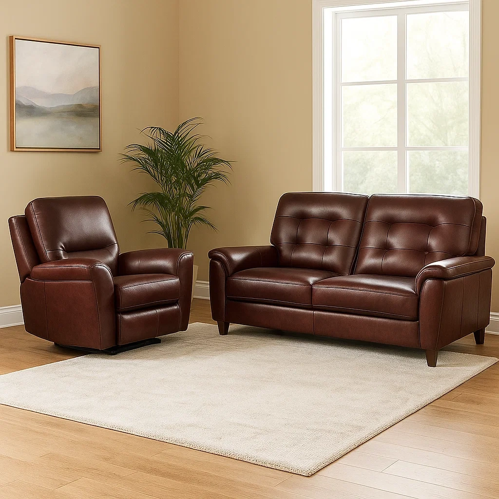 Sofagarnitur bestehend aus Relaxsessel und 2-Sitzer-Sofa, Holzrahmen, Schaumstoffpolsterung, Kunstlederbezug, braune Farbe, für das Wohnzimmer, 2-Sitzer-Sofa 160 x 85 x 90 cm, Sessel 85 x 85 x 90 cm - RPAGNyTHmNGA