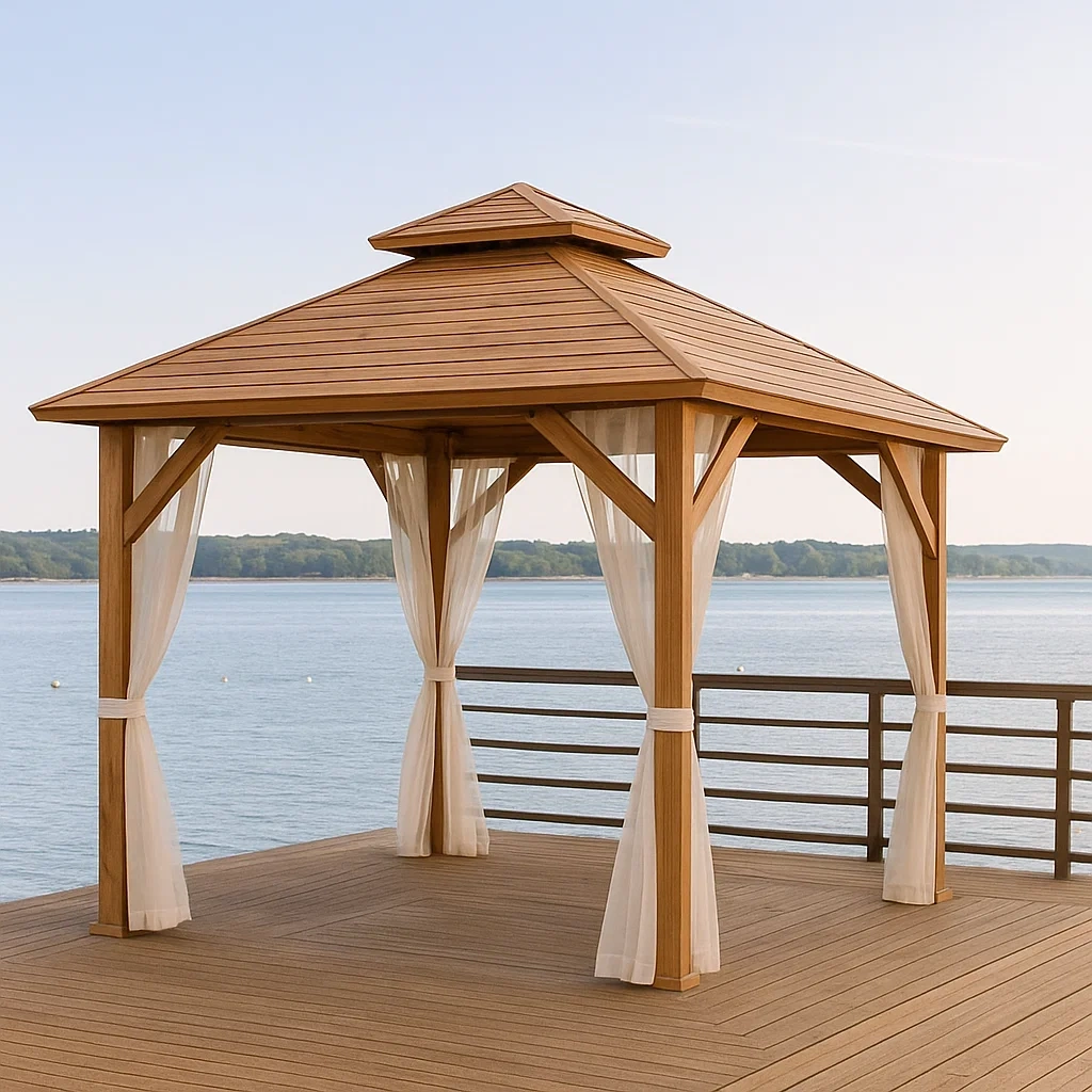 Gartenpavillon aus Holz mit Walmdach und holzfarbenen Vorhängen, 300 x 300 x 250 cm, für den Außenbereich - o2dyG6BbA3Nc