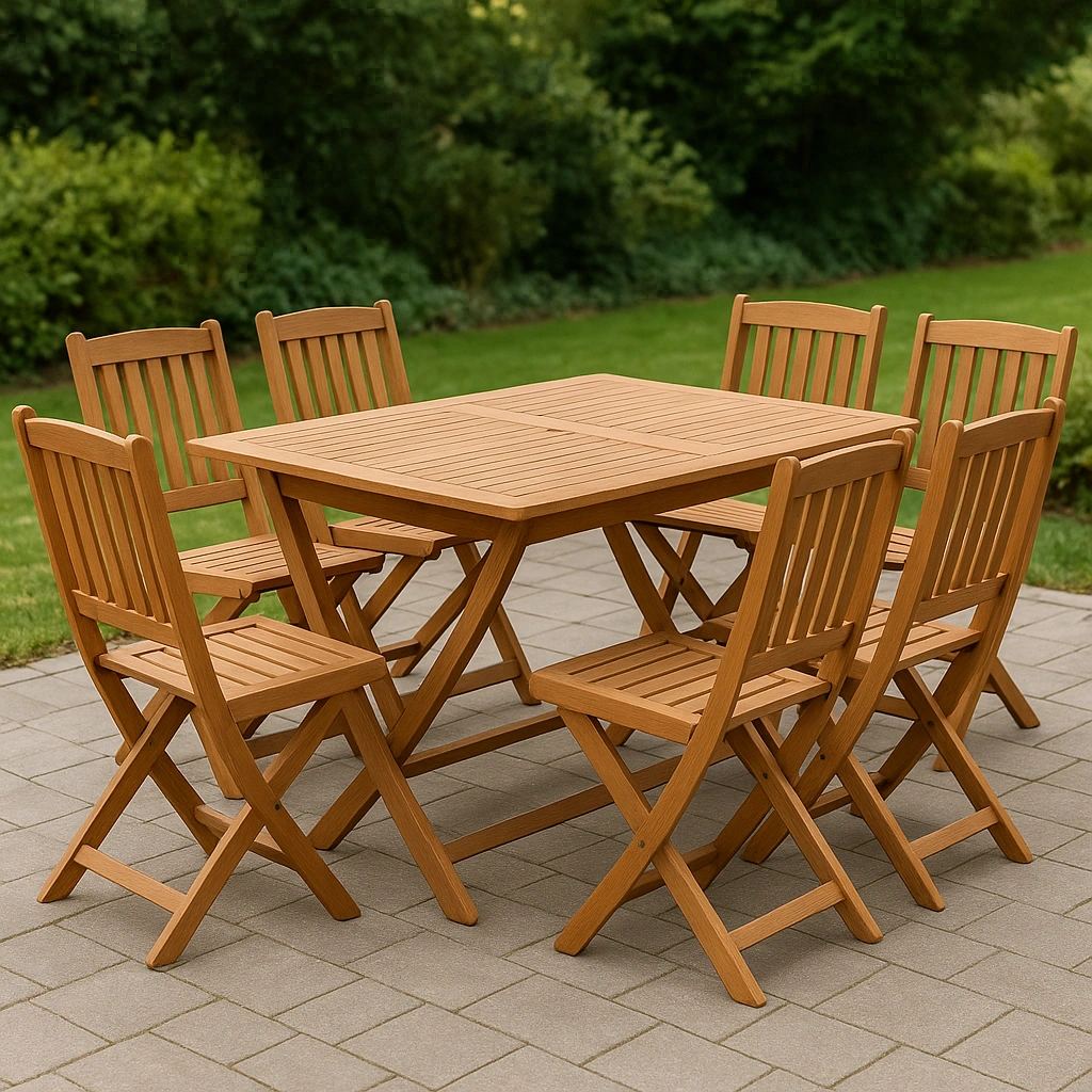 Essgruppe mit Tisch und Stühlen, braunes Massivholz, Garten