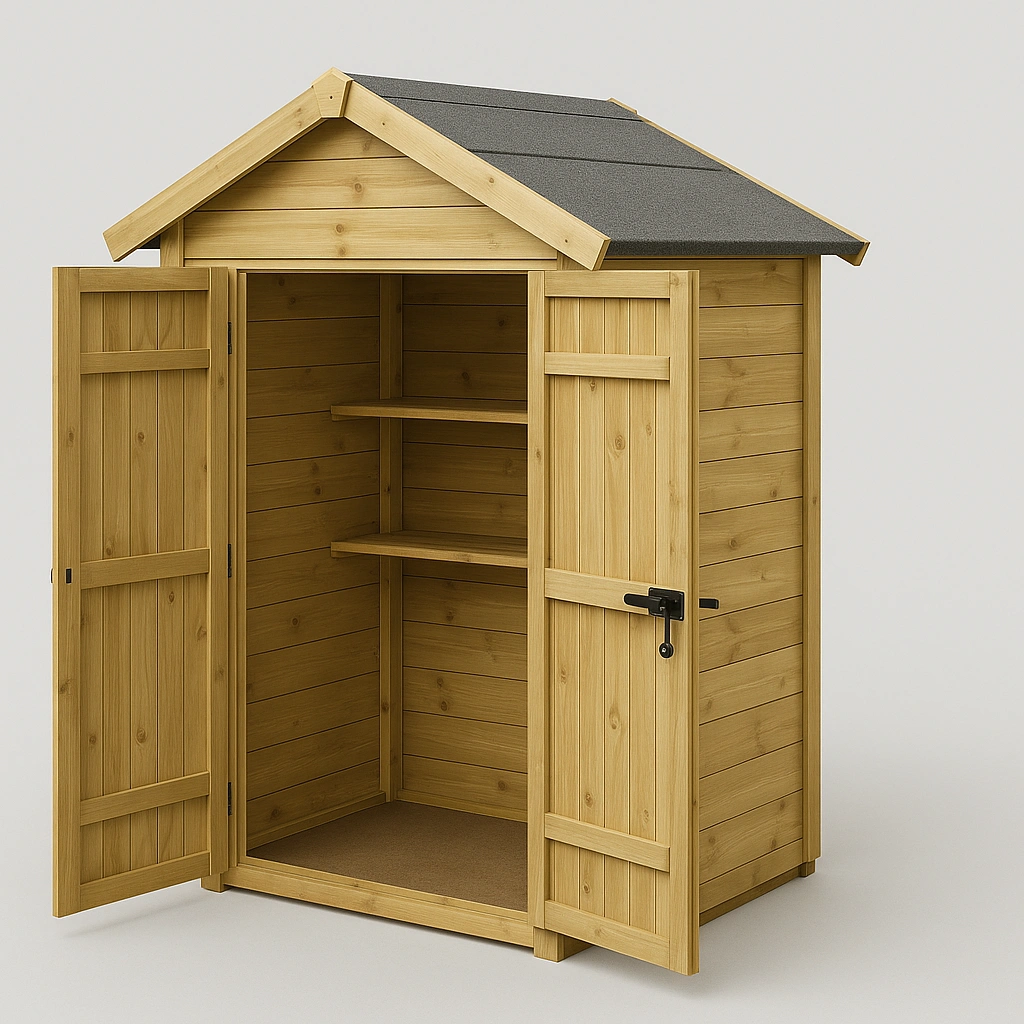 Gartenhaus aus Naturholz mit grauem Dach und Regalen, 120 x 80 x 180 cm