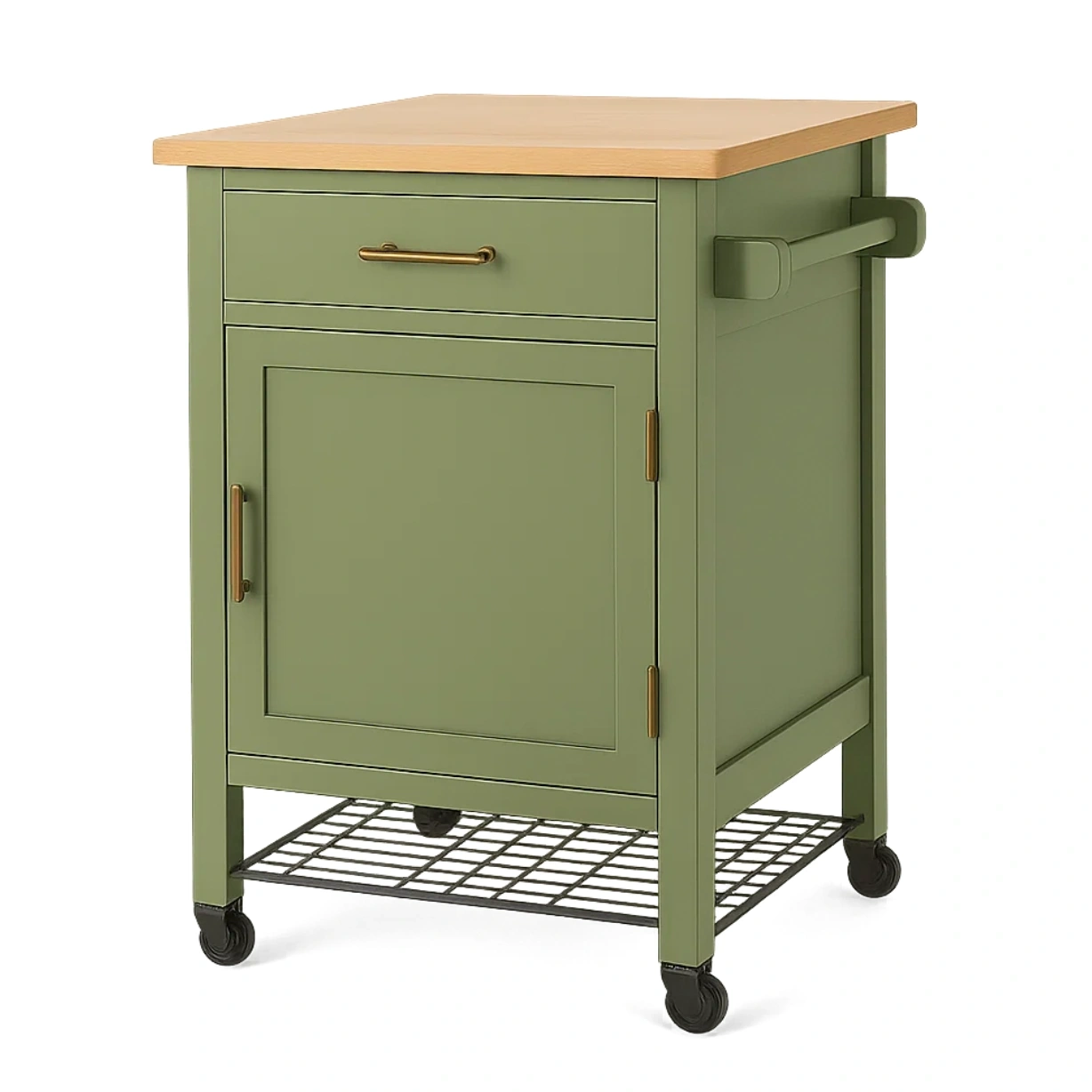 Kücheninsel mit Rollen, aus Holz und Metall, grün, mit einer Schublade und einer Tür, Maße 60 x 40 x 85 cm, zur Aufbewahrung in der Küche - fLlnizLbuw9k