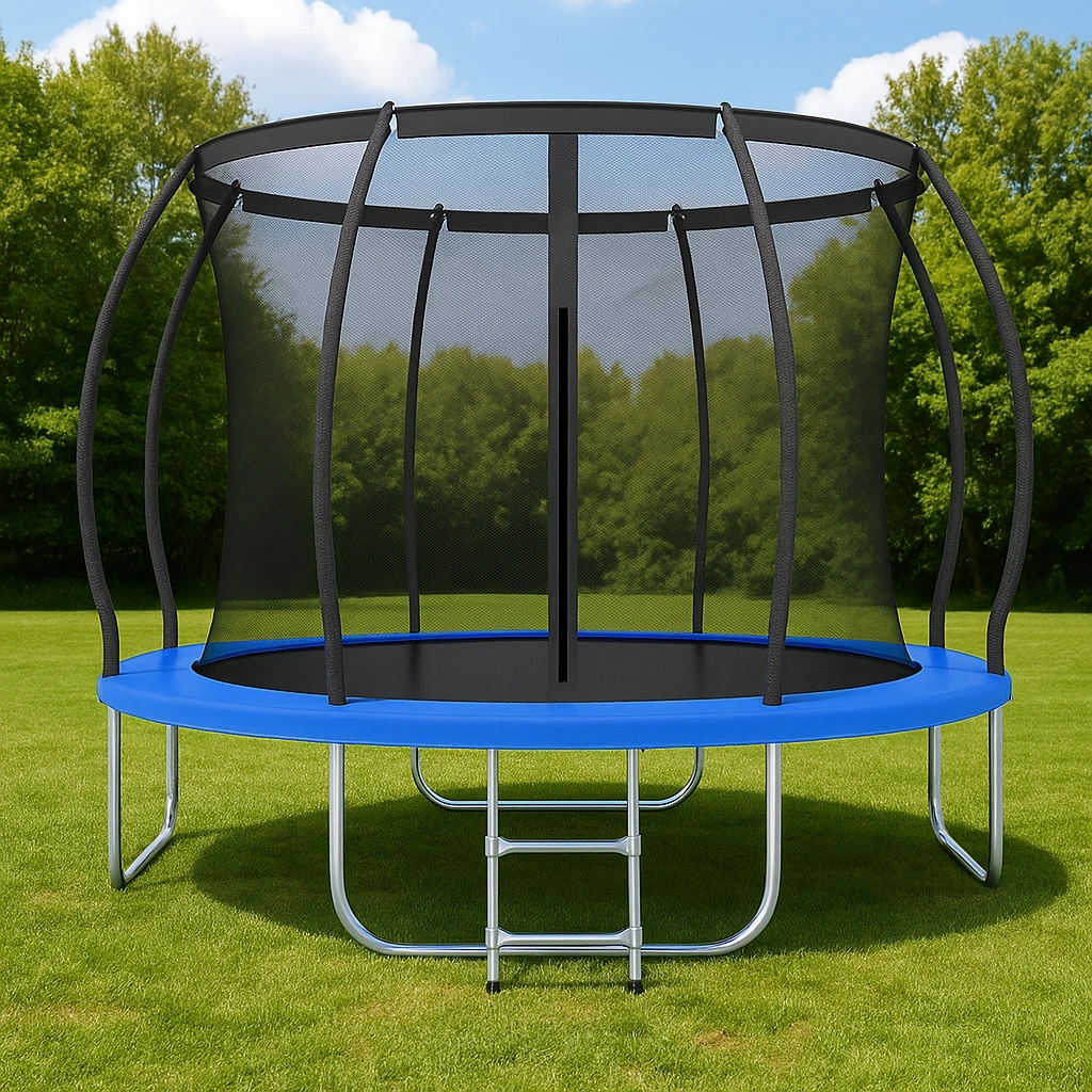 Rundes Trampolin mit Sicherheitsnetz und Leiter, blau, Stahl, für den Garten 3,5 x 3,5 x 2,2 m - jexFAgH102yO