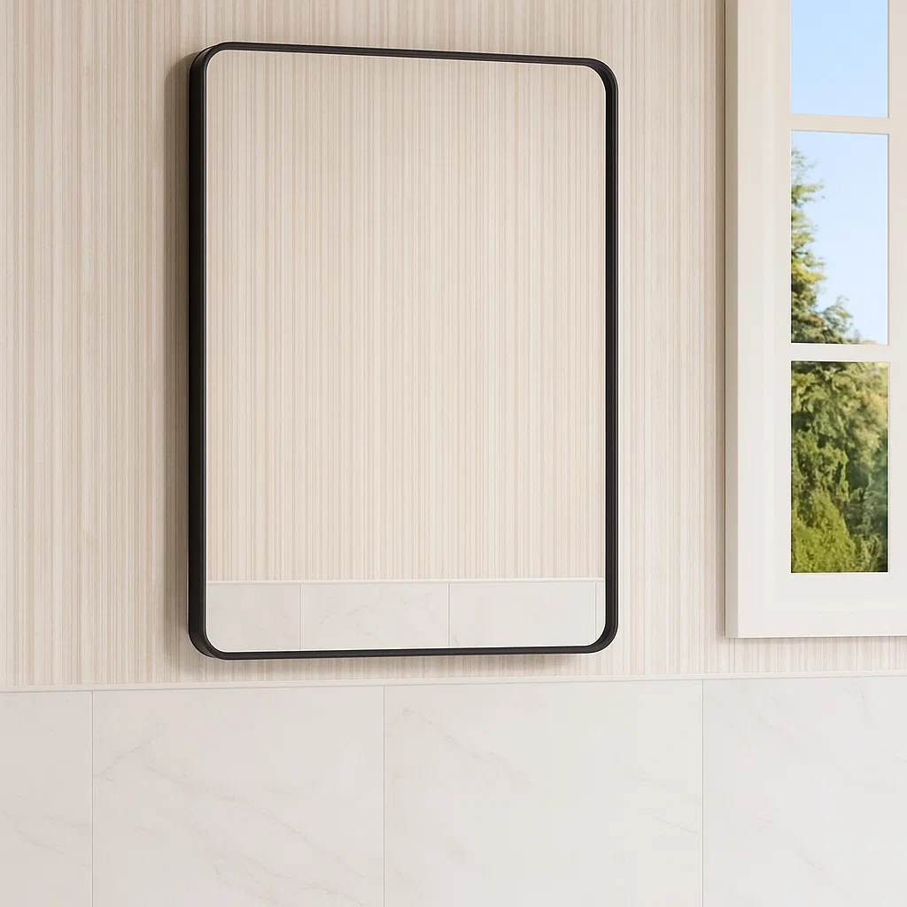 Wandspiegel, schwarz, Aluminium und Glas, für das Wohnzimmer, 56 x 3 x 76 cm