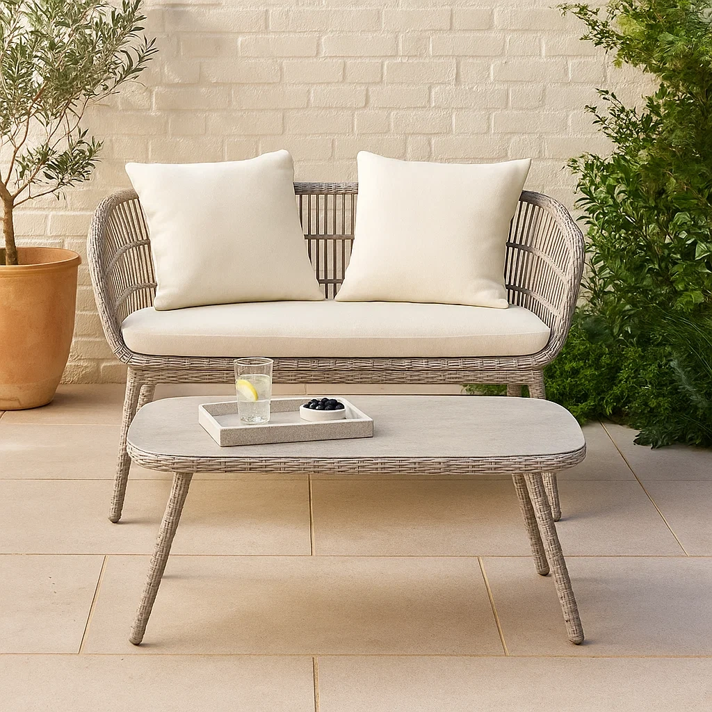 Gartenmöbel-Set, 2-Sitzer, Kunstrattan, beige, festes rechteckiges Sofa 120 x 65 x 78 cm, Couchtisch 100 x 40 x 45 cm, für Terrasse, Garten oder Balkon. - hR4cWWHDfdXj