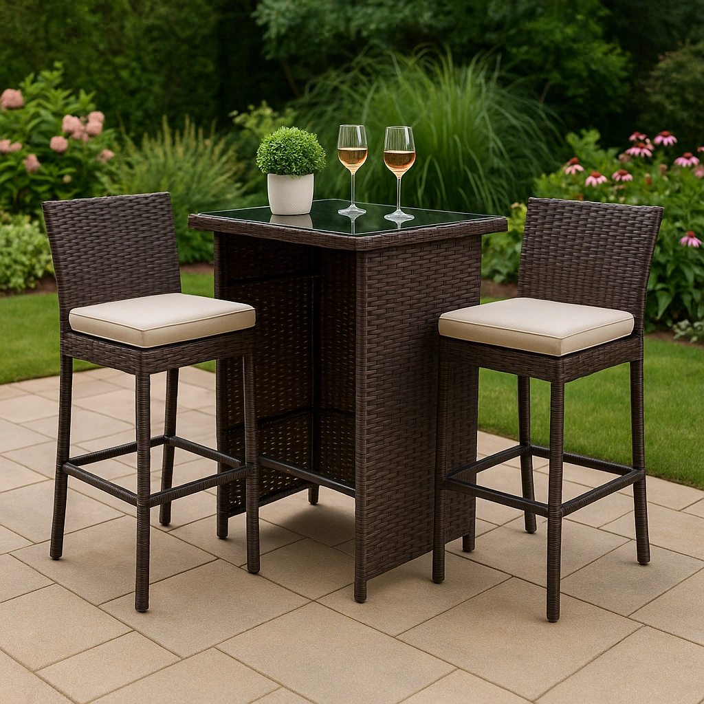 Gartenbar-Set mit Tisch und Hockern aus braunem Rattan