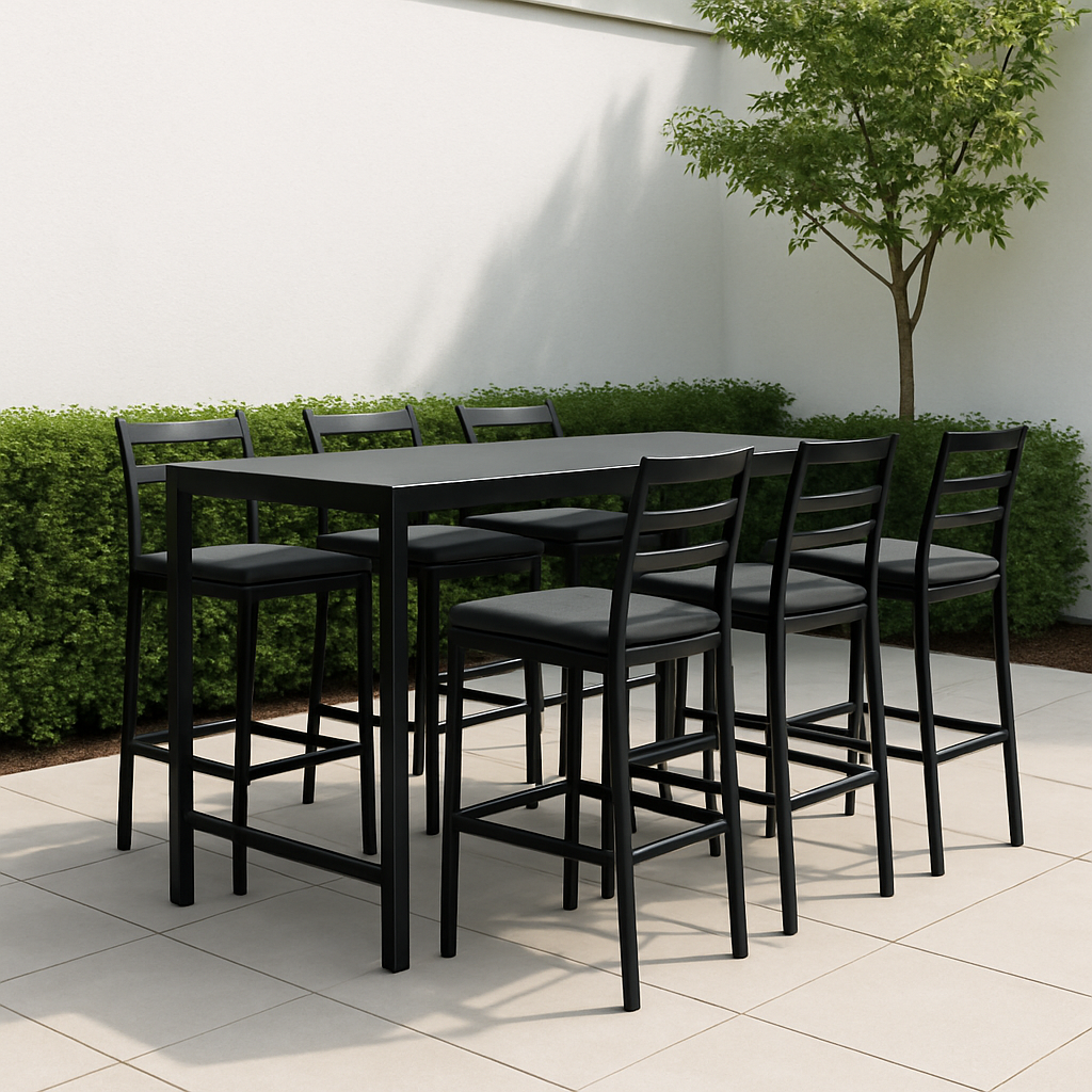 Stehtisch mit Stühlen für den Garten, schwarzes Metallgestell und Kunstlederkissen, für den Außenbereich, 180 × 70 × 105 cm