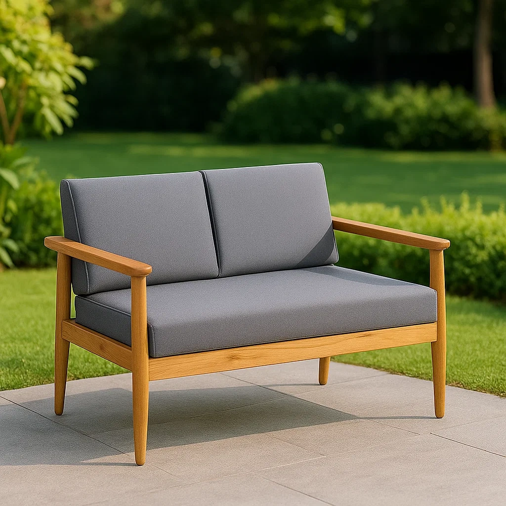 Doppelsitz-Gartensofa, gelb, Teakholz und Polyester, 134 x 62 x 65 cm