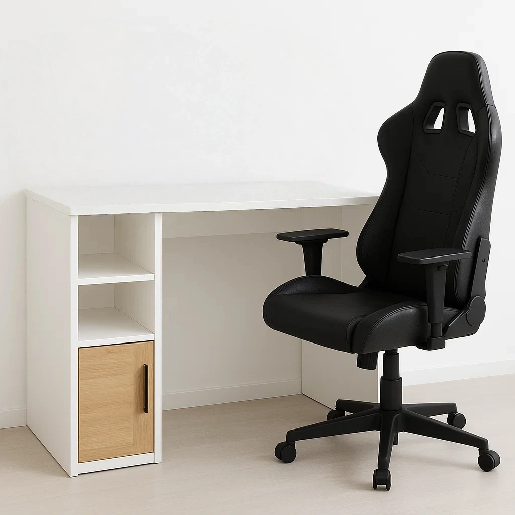 Computertisch, Holz, weiß mit hellen Holzdetails, mit ergonomischem Bürostuhl, schwarz, 120 x 60 x 75 cm - GMUNp7DyhoYm