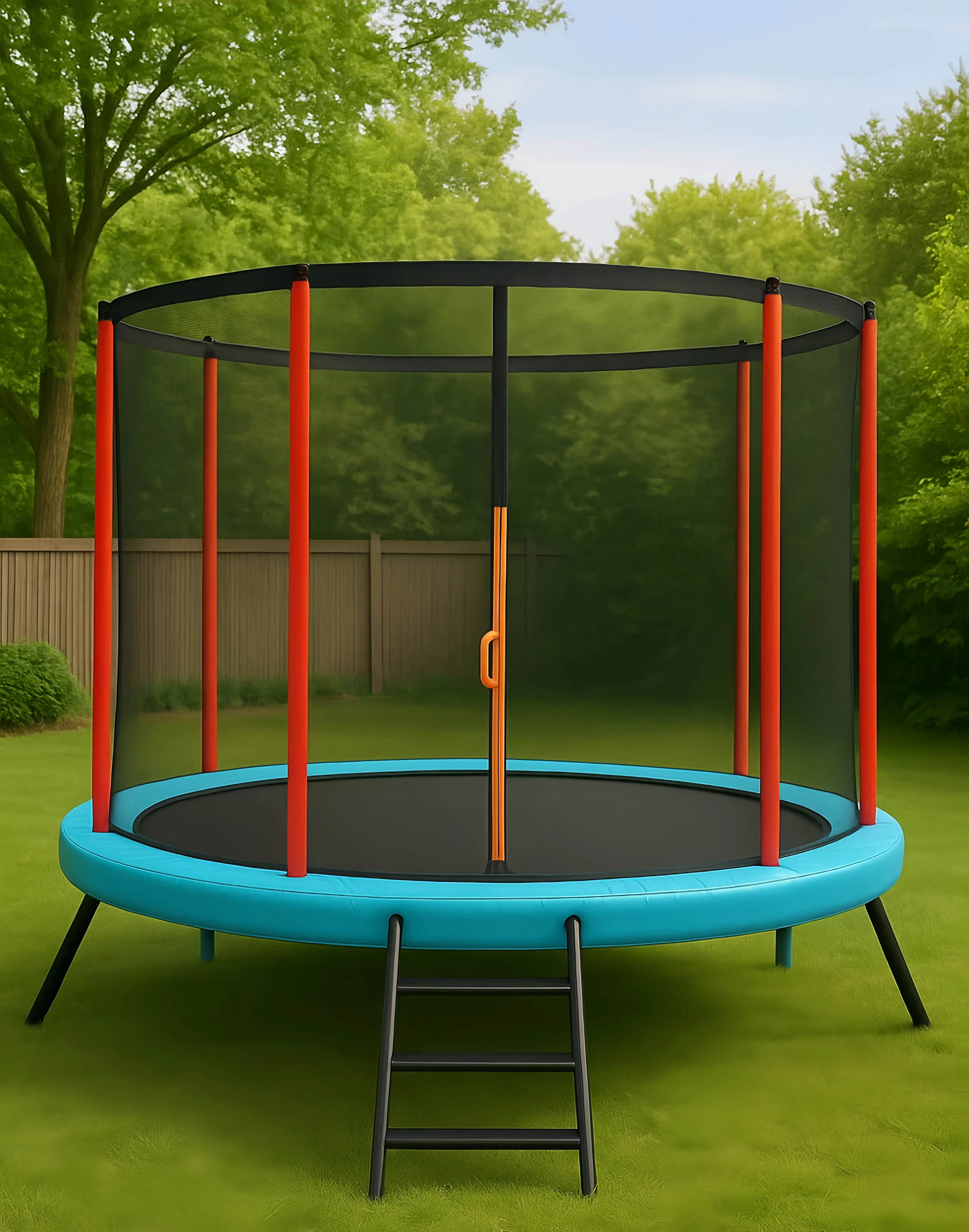 Rundes, blau-oranges Kindertrampolin aus PVC und Stahl für den Garten, 201 x 201 x 205 cm, nfIAGyr126oD