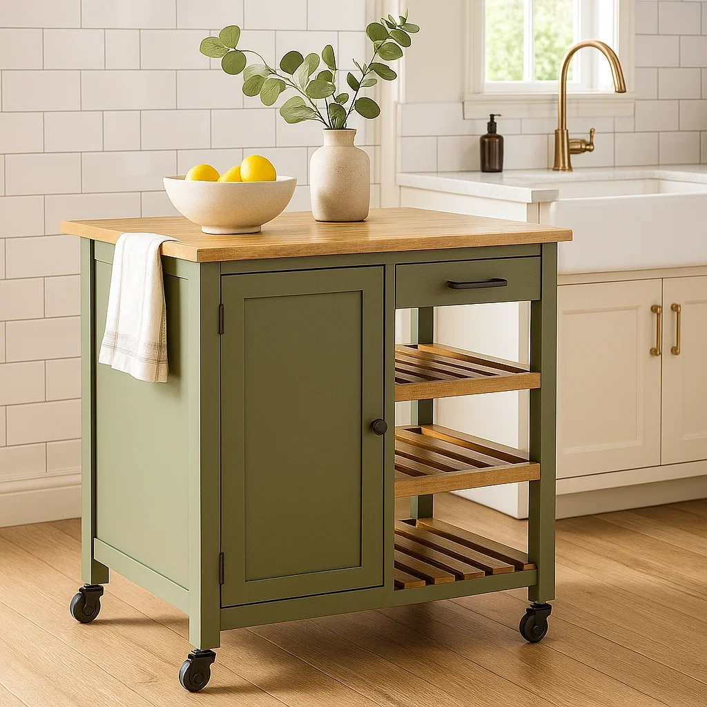 Kücheninsel, rechteckig, grüne MDF-Platte, mit heller Holzarbeitsplatte, Rollen, Schublade, offenen Regalen und Schrank, 90 x 45 x 89 cm, für den Hausgebrauch - X88KKKYXm8II