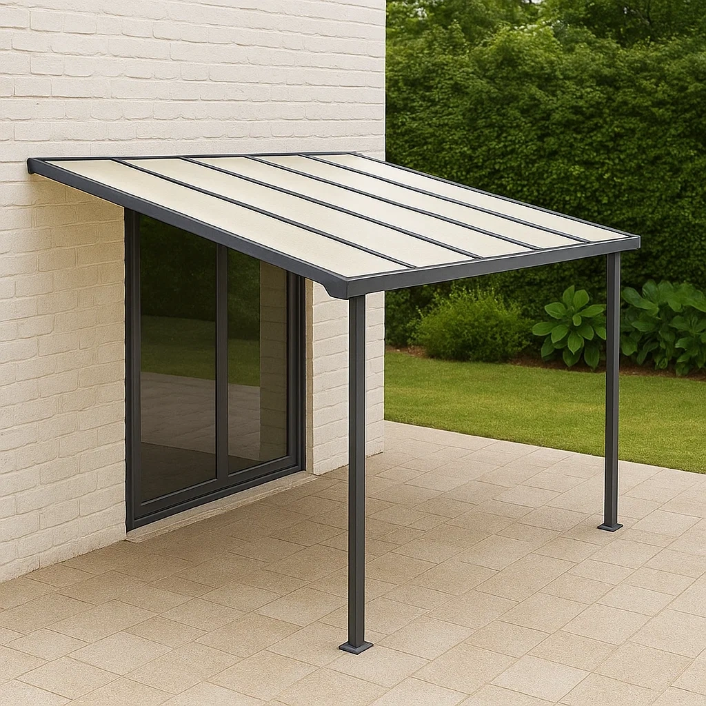 Pergola, schräge Form, Material: Metall und Polycarbonat, Farbe: Grau, schräges Dach, freistehend, Maße: 400 x 250 x 300 cm, für Garten oder Terrasse - 8HIYfDvxmvtJ