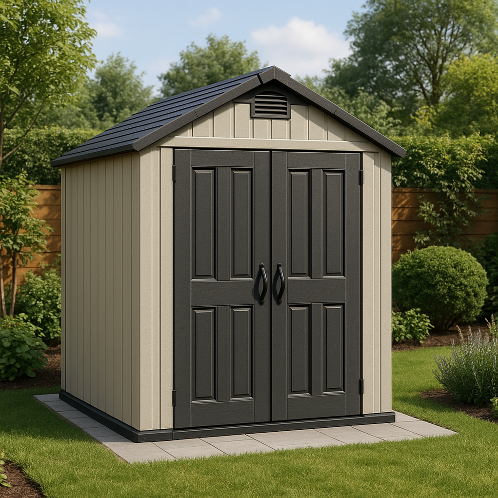 Gartenhaus aus Kunstharz, 210 x 188 x 240 cm, beige/schwarz, TCGUpij390KG