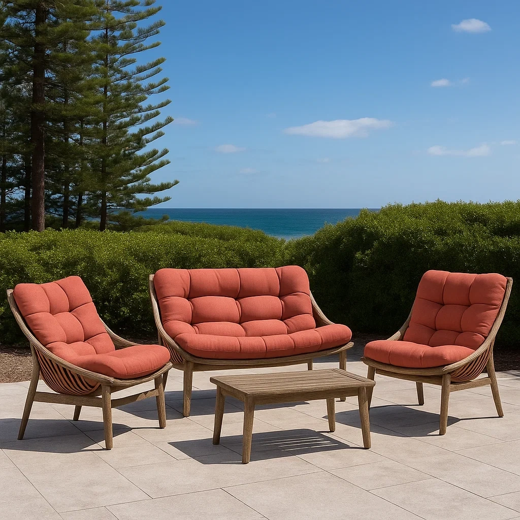 Gartenmöbel-Set, 4-Sitzer, Kunstrattan, braun, orange Kissen, festes Gestell, Tisch 90x50x42 cm, Sofa 128x72x89 cm, Sessel 64x72x89 cm, für Terrasse und Garten. - sbxbGljyYTxc