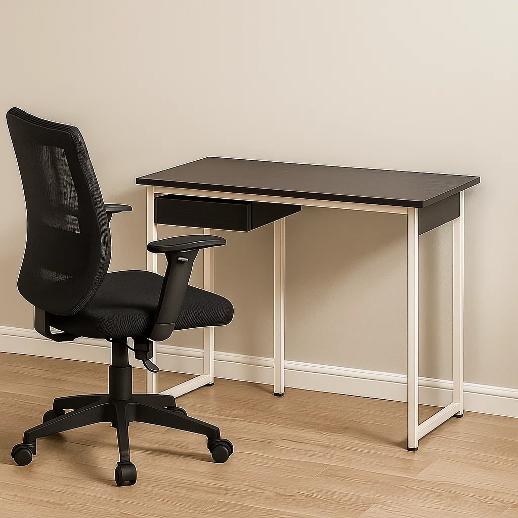 Computertisch, Metall und Melamin, schwarz-weiß, mit Schublade und Drehstuhl, 130 x 50 x 75 cm, für Büro und Zuhause - MED1oIdNePNx