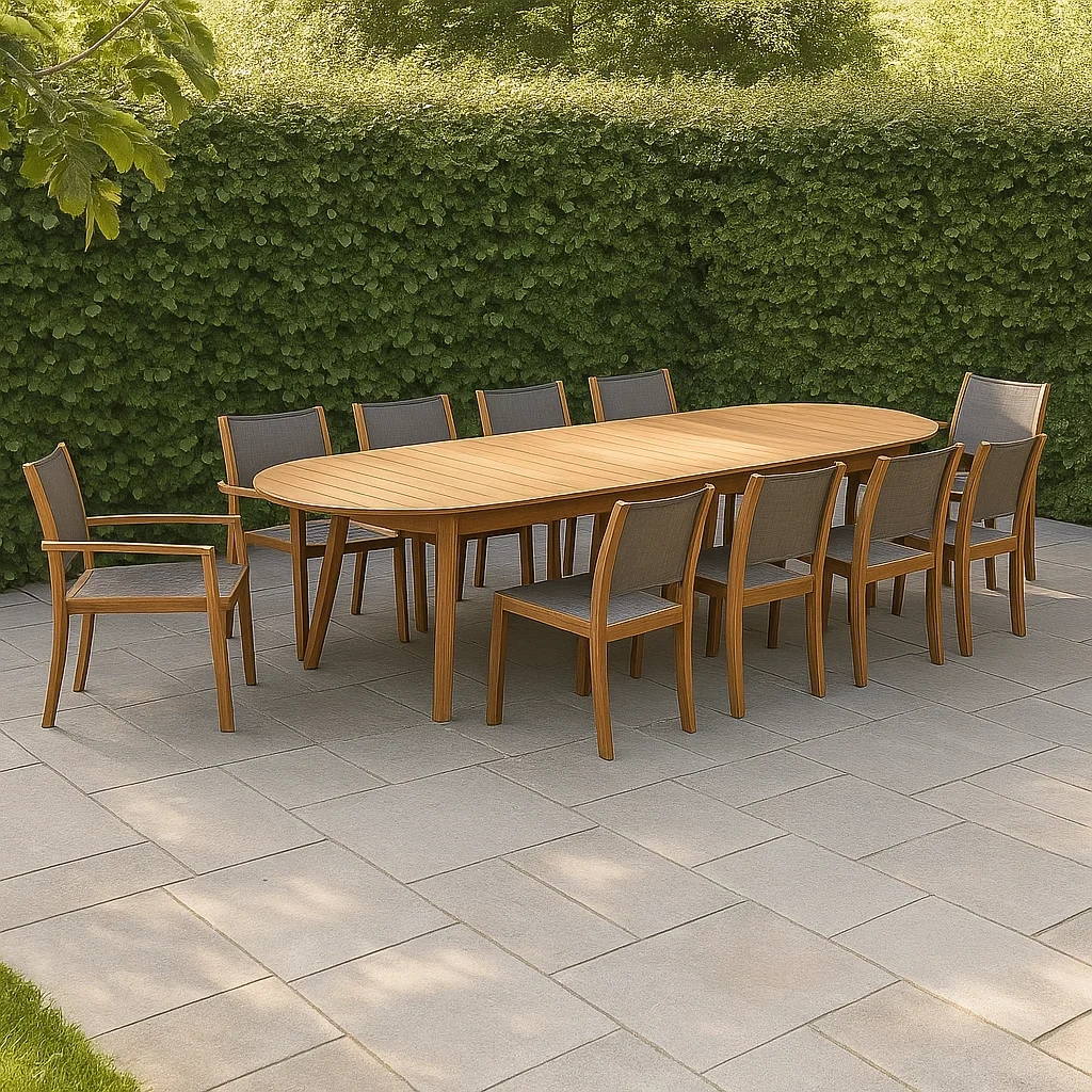 Gartenmöbel-Set aus braunem Holz für 10 Personen, Tisch 350 x 110 x 75 cm, Stühle 55 x 60 x 88 cm, ovales Gestell, mit stapelbaren Stühlen für Terrasse oder Balkon - niGXufl2e6Hc