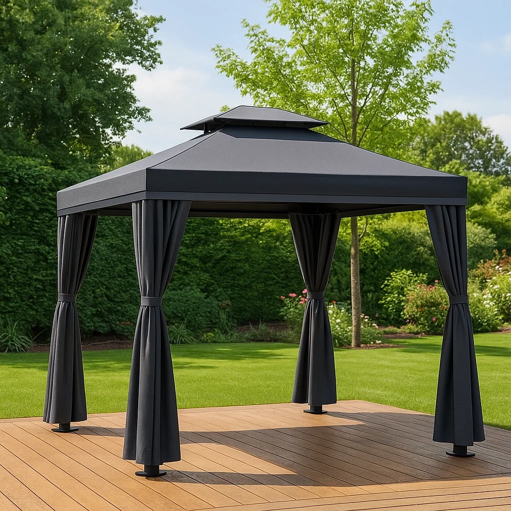 Quadratischer Pavillon und Kiosk, schwarzes Metall, Walmdach, freistehend, mit Vorhängen, 300 x 300 x 270 cm, für den Garten. - dbYA5TTmNmGF