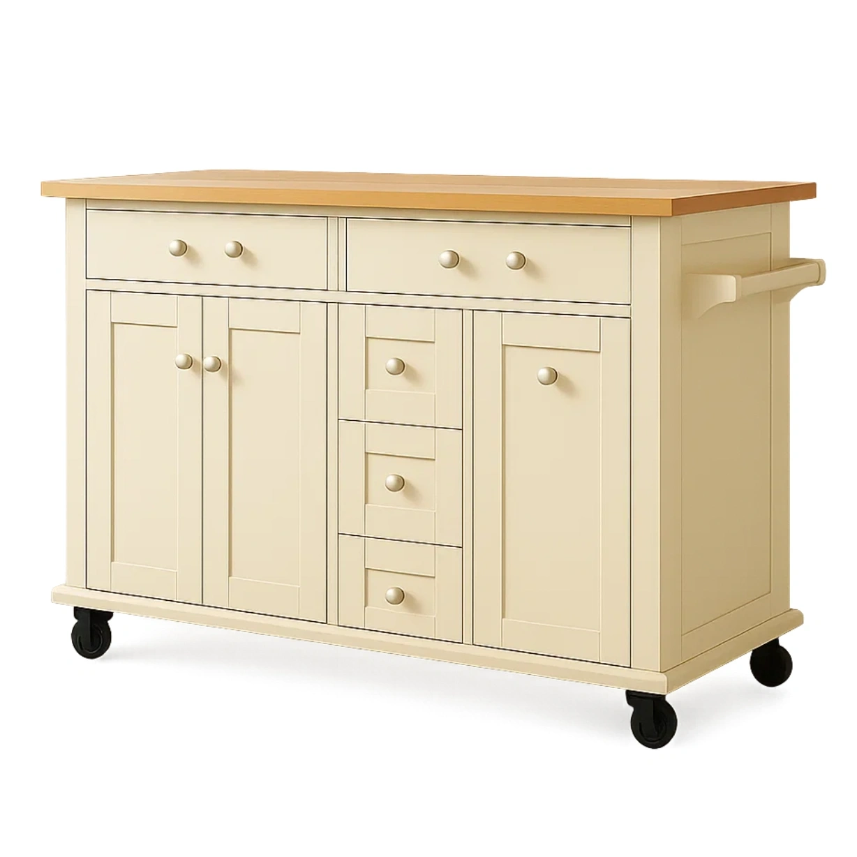 Kücheninsel, Küchenwagen, mit 3 Türen, 5 Schubladen und Ablage, Naturholz und Beige, mit Rollen, 100 x 50 x 85 cm - cE9Flal36nKM