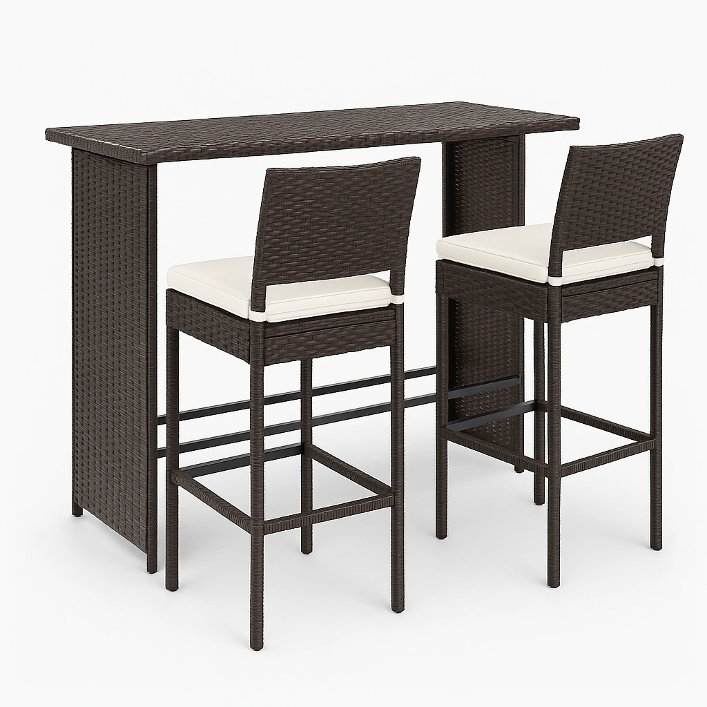 Braune Outdoor-Bargarnitur aus synthetischem Rattan mit weißen Stühlen