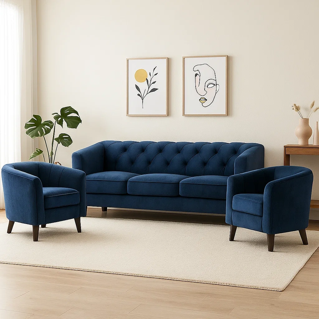 Sofagarnitur, 1 Dreisitzer-Sofa, 2 Sessel, Samt, marineblau, Holzgestell, Sofagröße 190 x 80 x 75 cm, Sesselgröße 75 x 80 x 75 cm, für Wohn- und Esszimmer - 1fyUttDmJF4c
