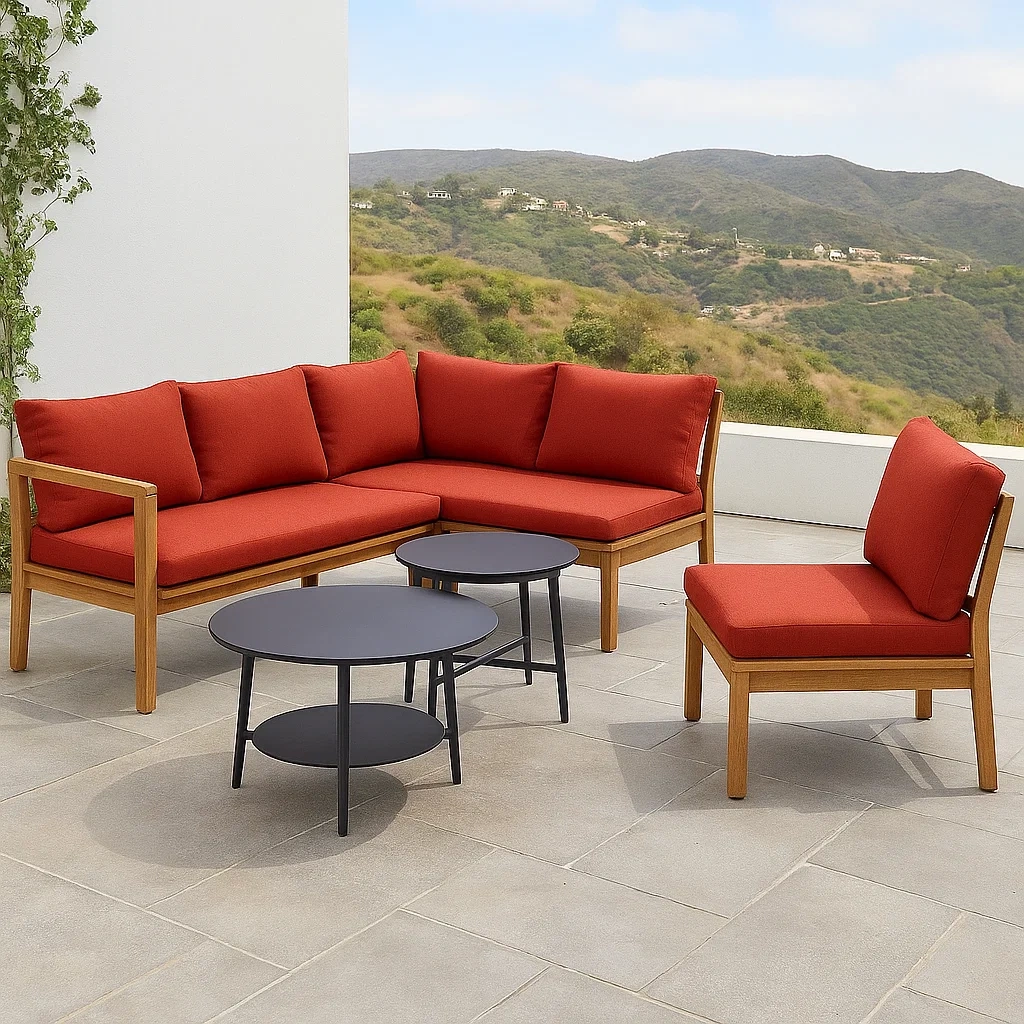 4-teiliges Gartenmöbelset mit Naturholzrahmen, roten Kissen, rundem Tisch (60 x 45 cm), Sofa (150 x 80 x 70 cm), Sessel (60 x 60 x 70 cm) und Beistelltisch (30 x 40 cm) - czXEssnJaDls