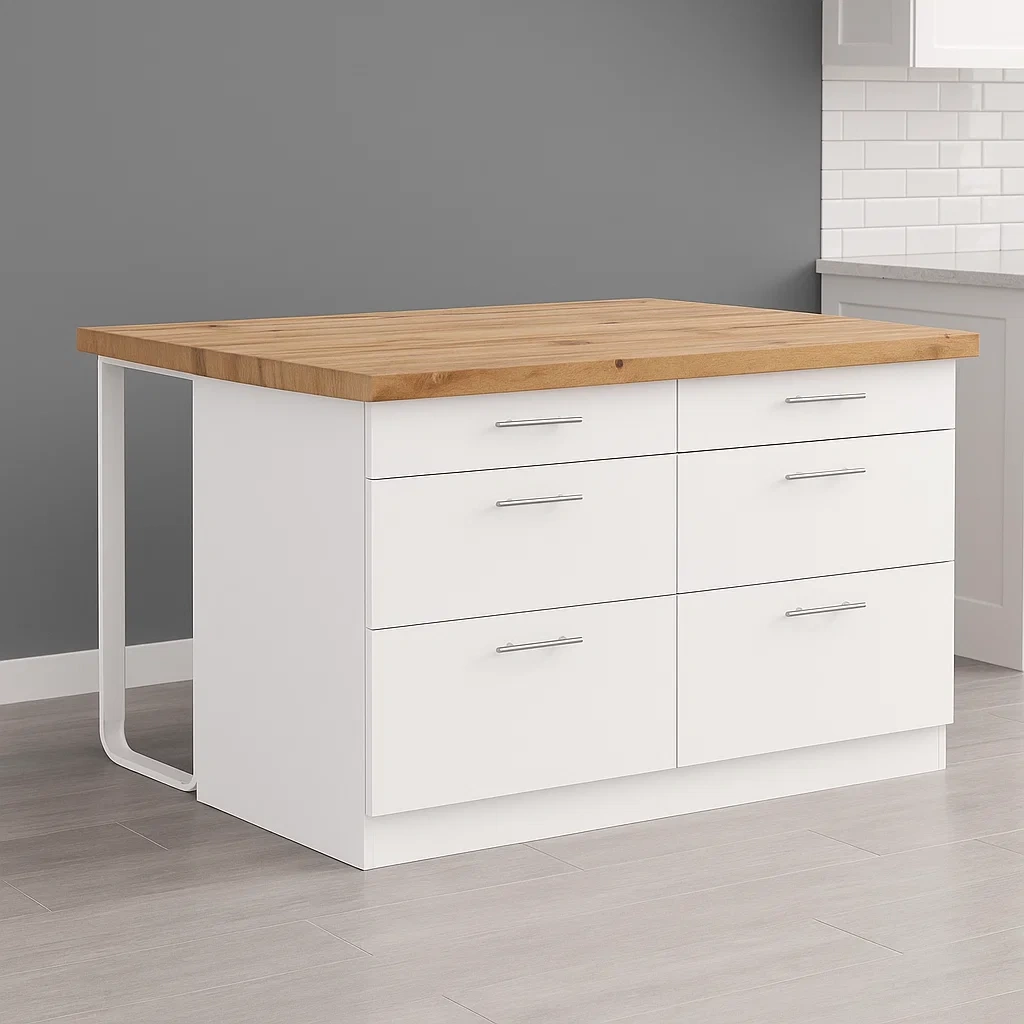 Kücheninsel – 6 Schubladen – Weiß und heller Naturton – MDF und Metall – Innenmaße – 126 × 104 × 80 cm – ypDEiPhhXlVb